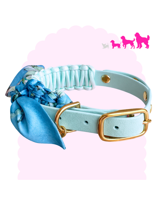 Collier pour chien personnalisable Colette bleu avec foulard, paracorde et bouclerie dorée