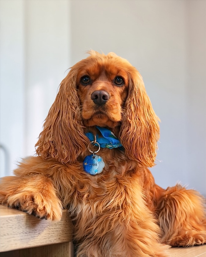 Cocker portant un collier Colette bleu personnalisé avec foulard