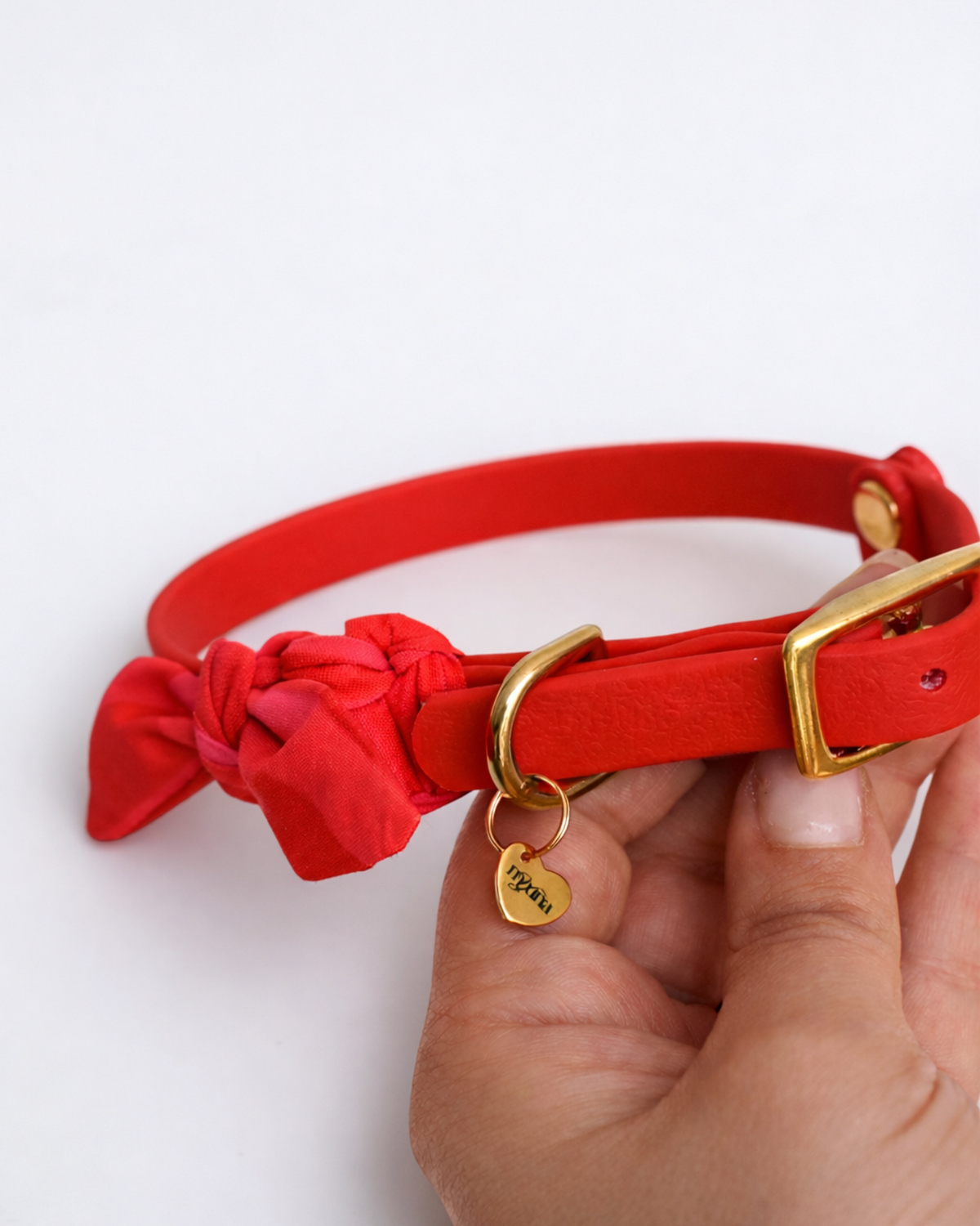 Collier fin Suzette rouge pour petit chien avec foulard et bouclerie dorée
