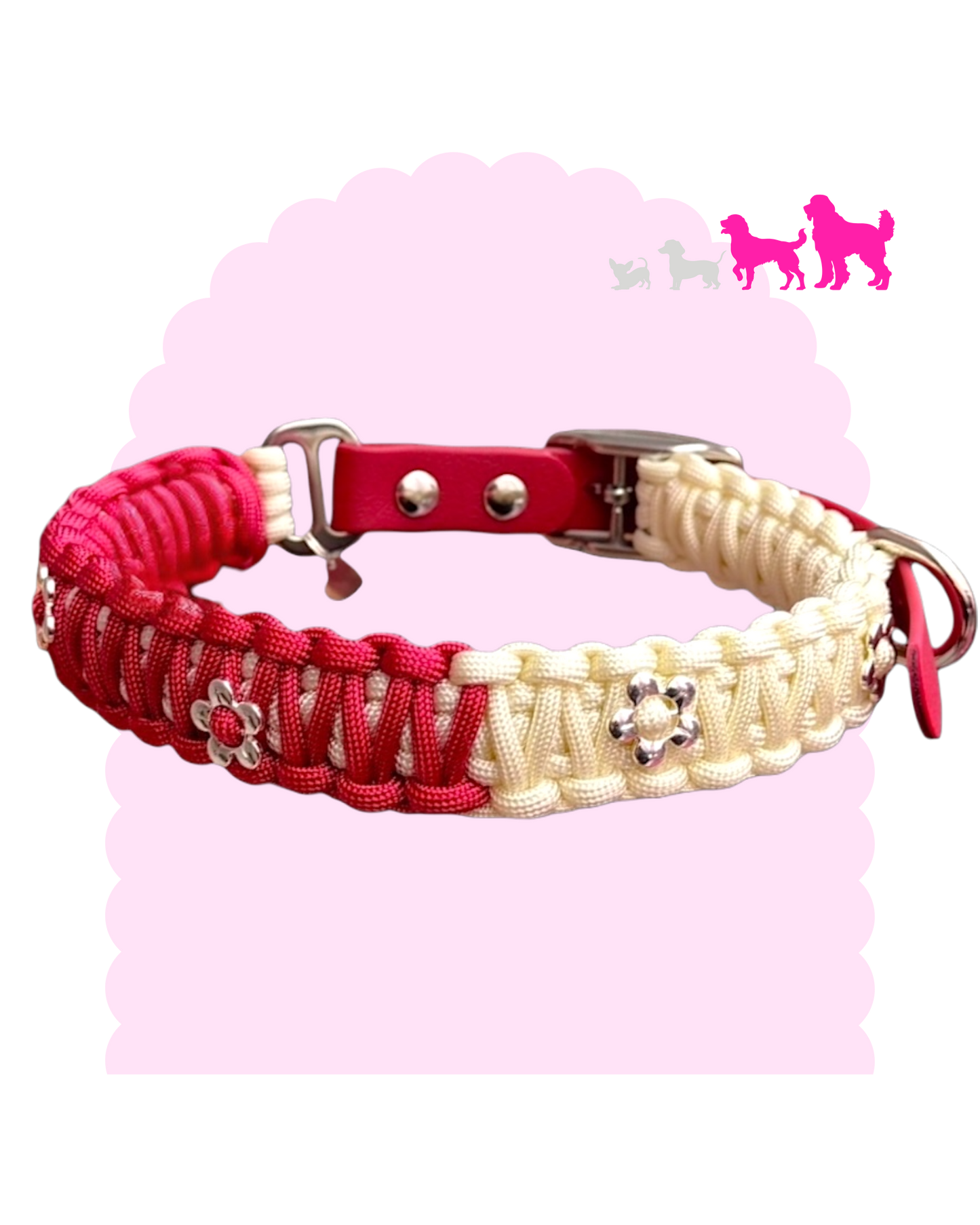 Collier pour chien moyen à grand en paracorde personnalisable avec breloques et fermeture métallique.