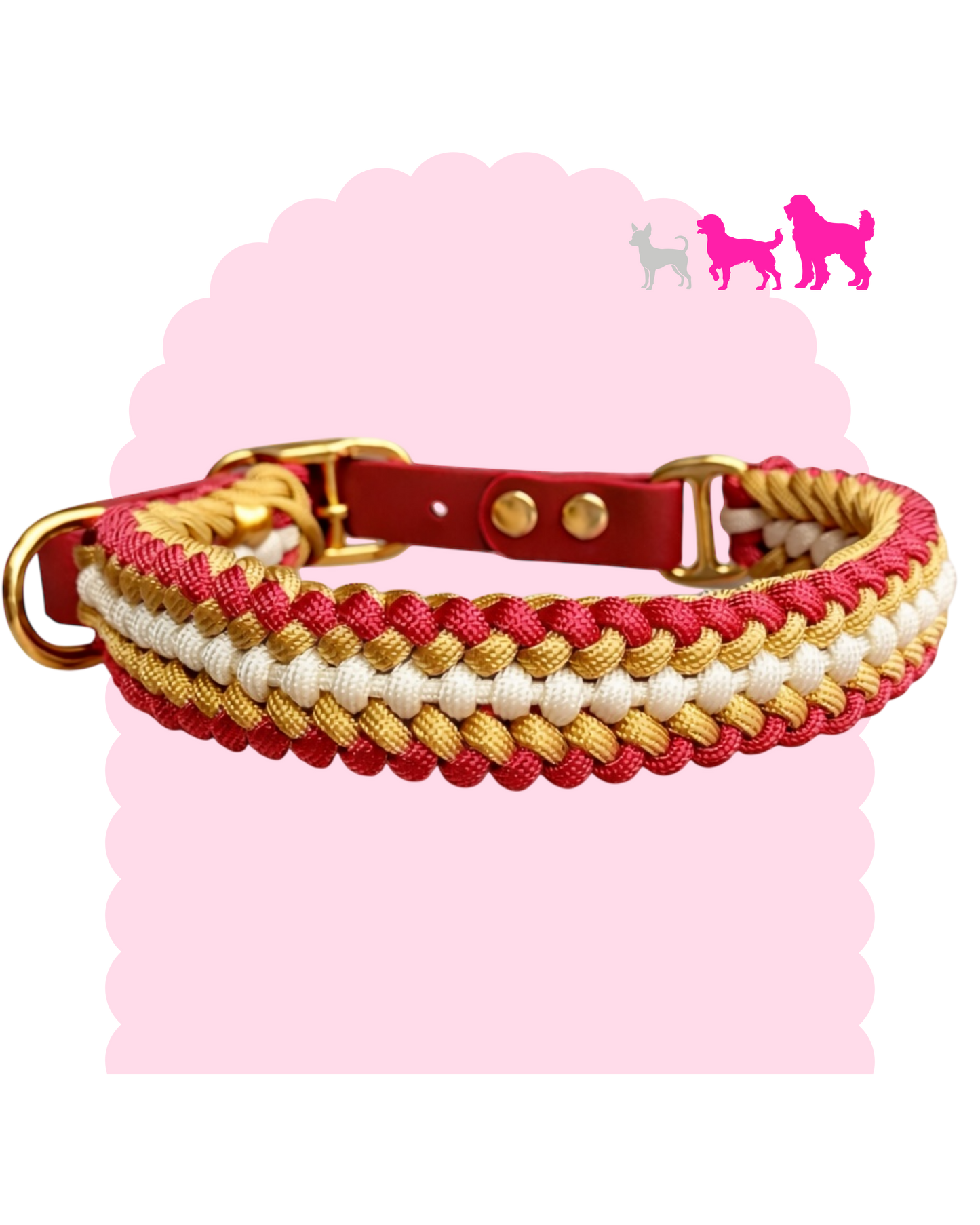 Collier pour chien moyen à grand personnalisable en paracorde tressée avec bouclerie dorée ou argentée, fabriqué artisanalement.