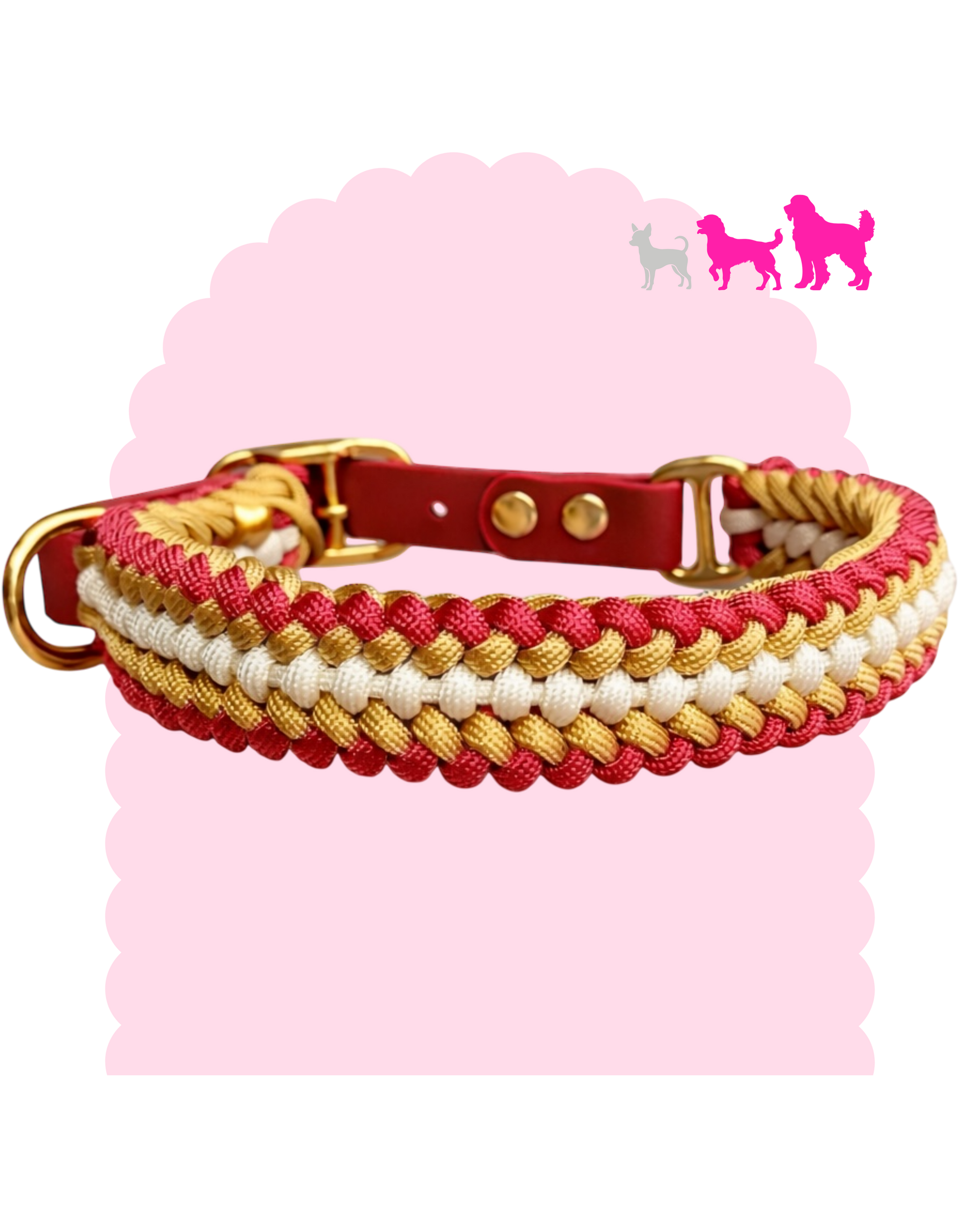 Collier pour chien moyen à grand personnalisable en paracorde tressée avec bouclerie dorée ou argentée, fabriqué artisanalement.