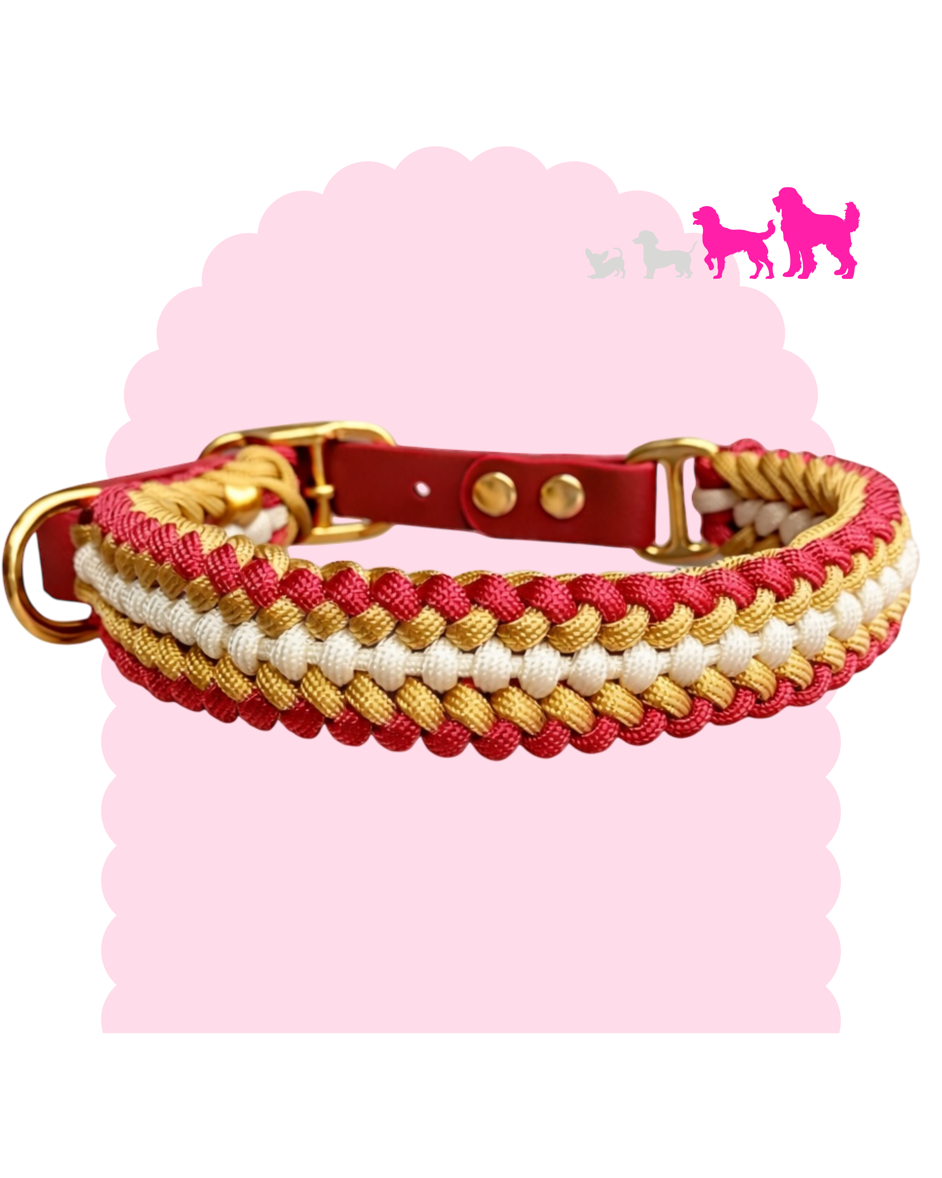 Collier personnalisé pour chien moyen à grand en paracorde avec décorations et bouclerie dorée ou argentée.