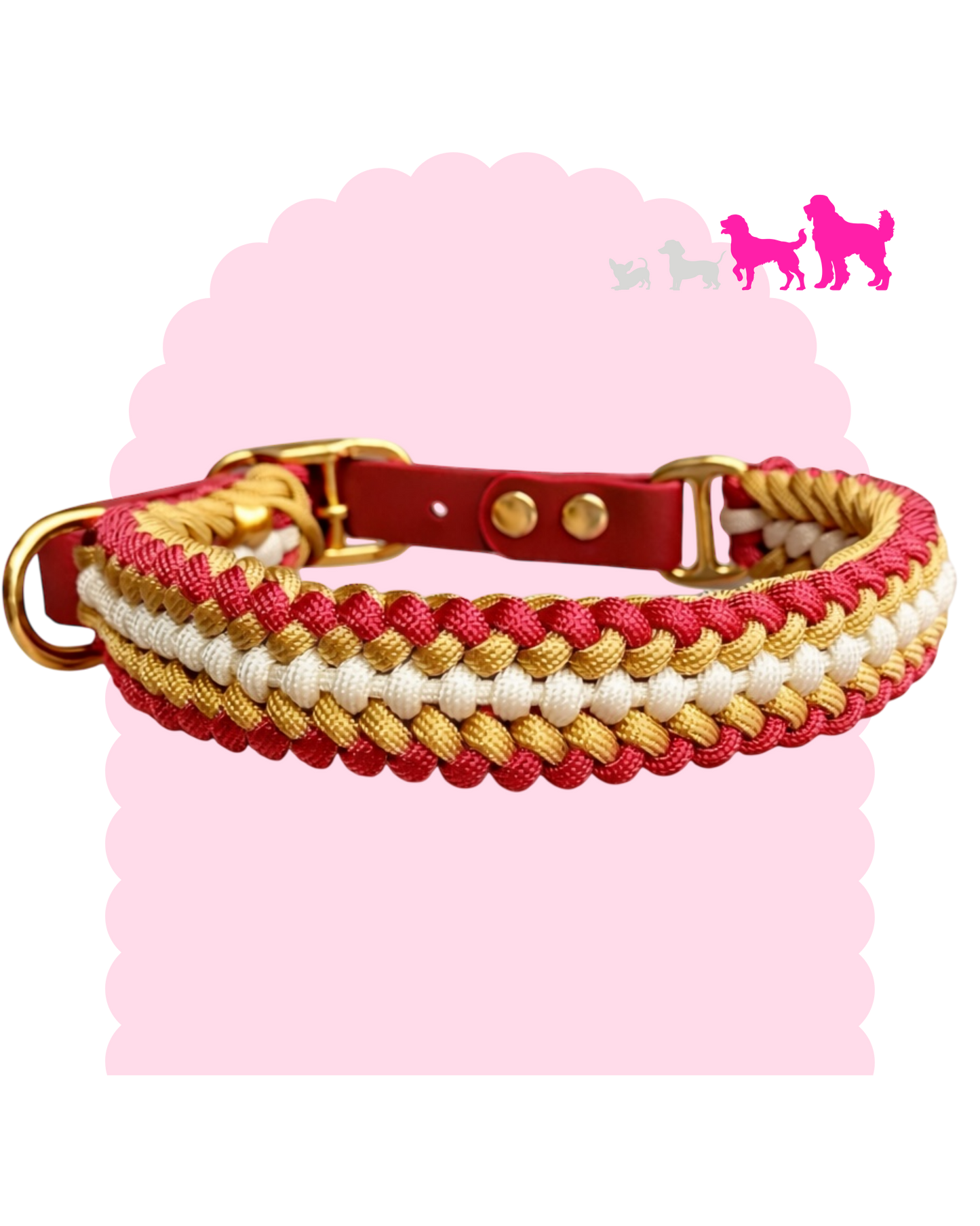 Collier personnalisé pour chien moyen à grand en paracorde avec décorations et bouclerie dorée ou argentée.