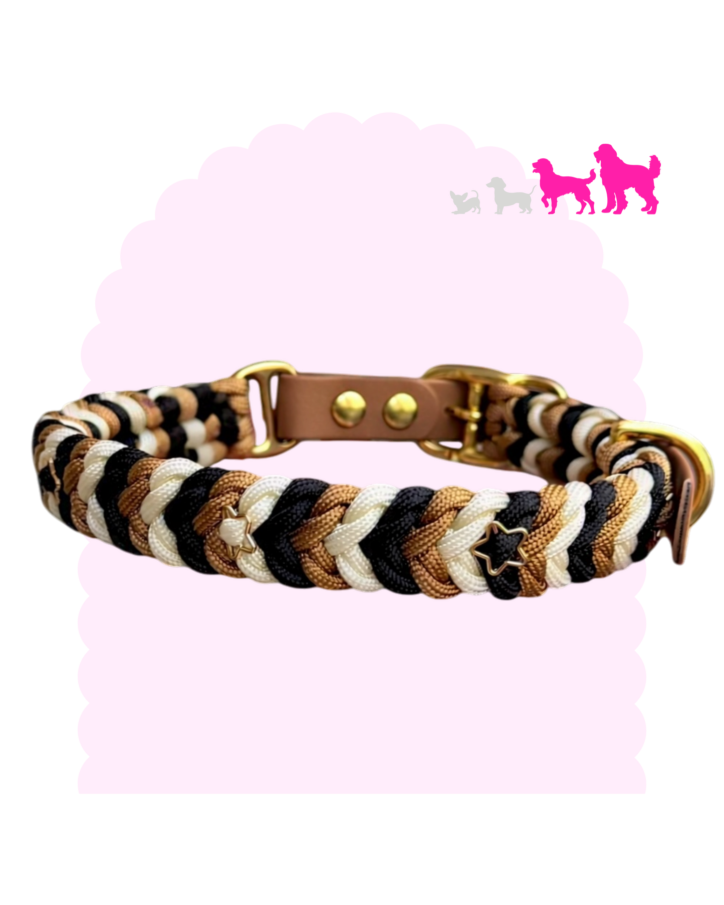 Collier pour chien moyen à grand en paracorde tressée personnalisable avec breloques étoiles et finition argentée ou dorée.