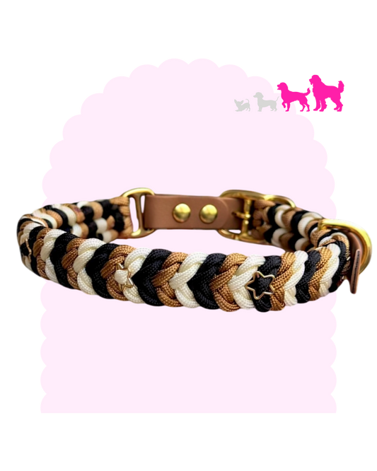 Collier pour chien moyen à grand en paracorde tressée personnalisable avec breloques étoiles et finition argentée ou dorée.
