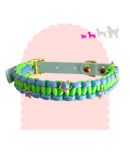Collier personnalisé pour petit à moyen chien en paracorde avec décorations et bouclerie argentée ou dorée